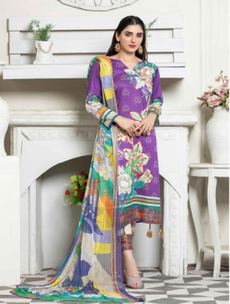 embroidered lawn print with bamber dupatta