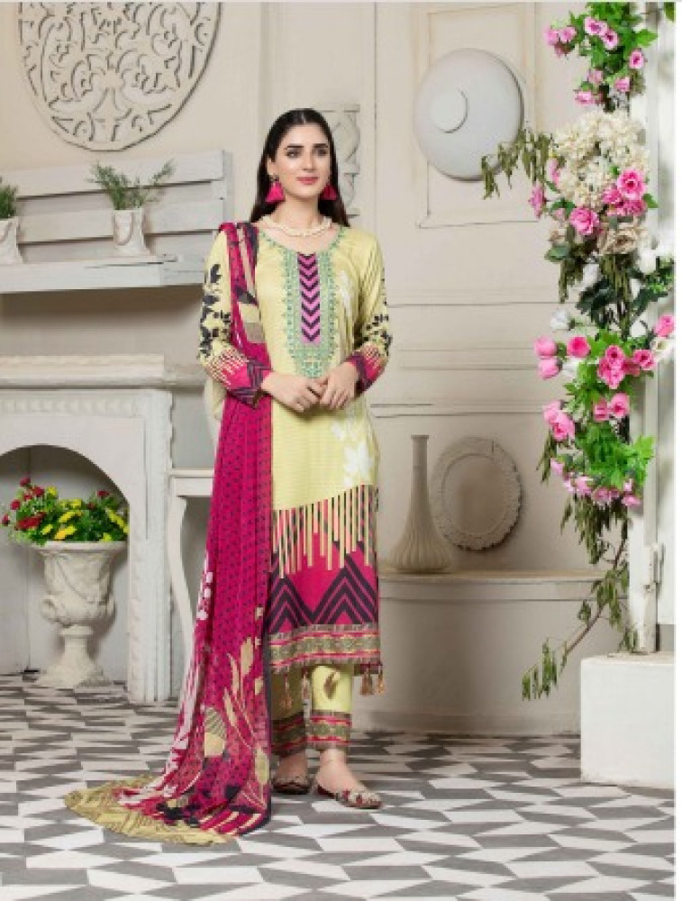 embroidered lawn print with bamber dupatta