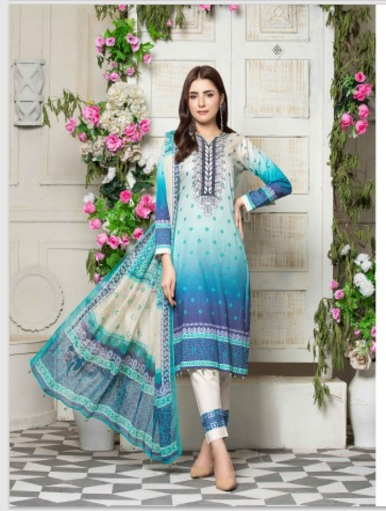 embroidered lawn print with bamber dupatta