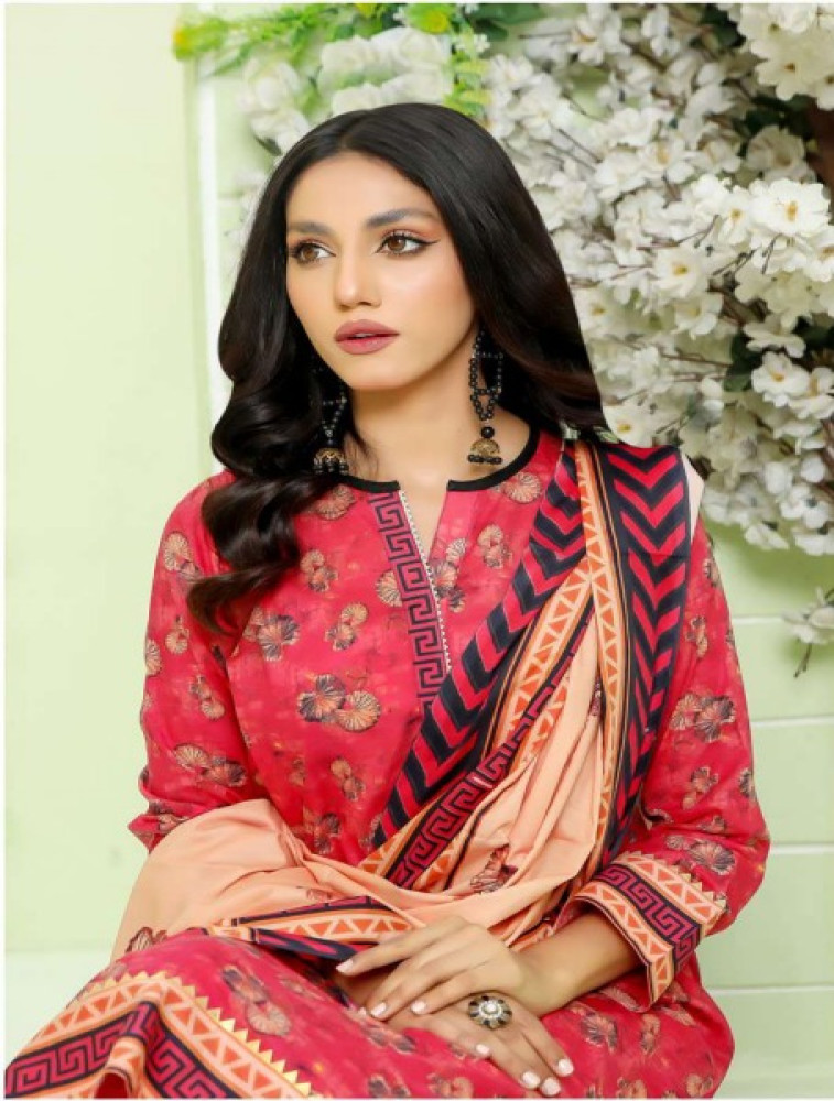 embroidered lawn print with bamber dupatta