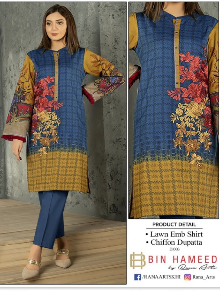 embroidered & printed lawn shirt& chiffon dupatta